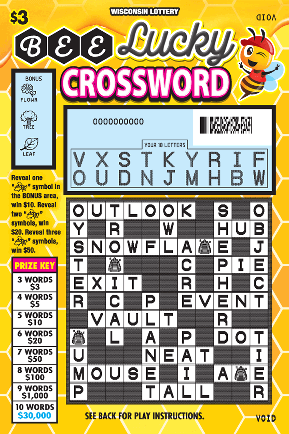 image of scratch ticket with yellow hexagon tiles as the background and a picture of a winking bee in the top right corner with the winning letters revealed and black and white tiles revealed in the crossword grid on scratch ticket from wisconsin lottery