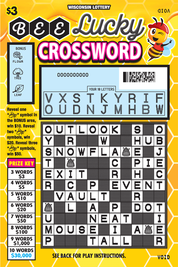 Bee Lucky Crossword Scratch Game image of scratch ticket with yellow hexagon tiles as the background and a picture of a winking bee in the top right corner with the winning letters revealed and black and white tiles revealed in the crossword grid on scratch ticket from wisconsin lottery