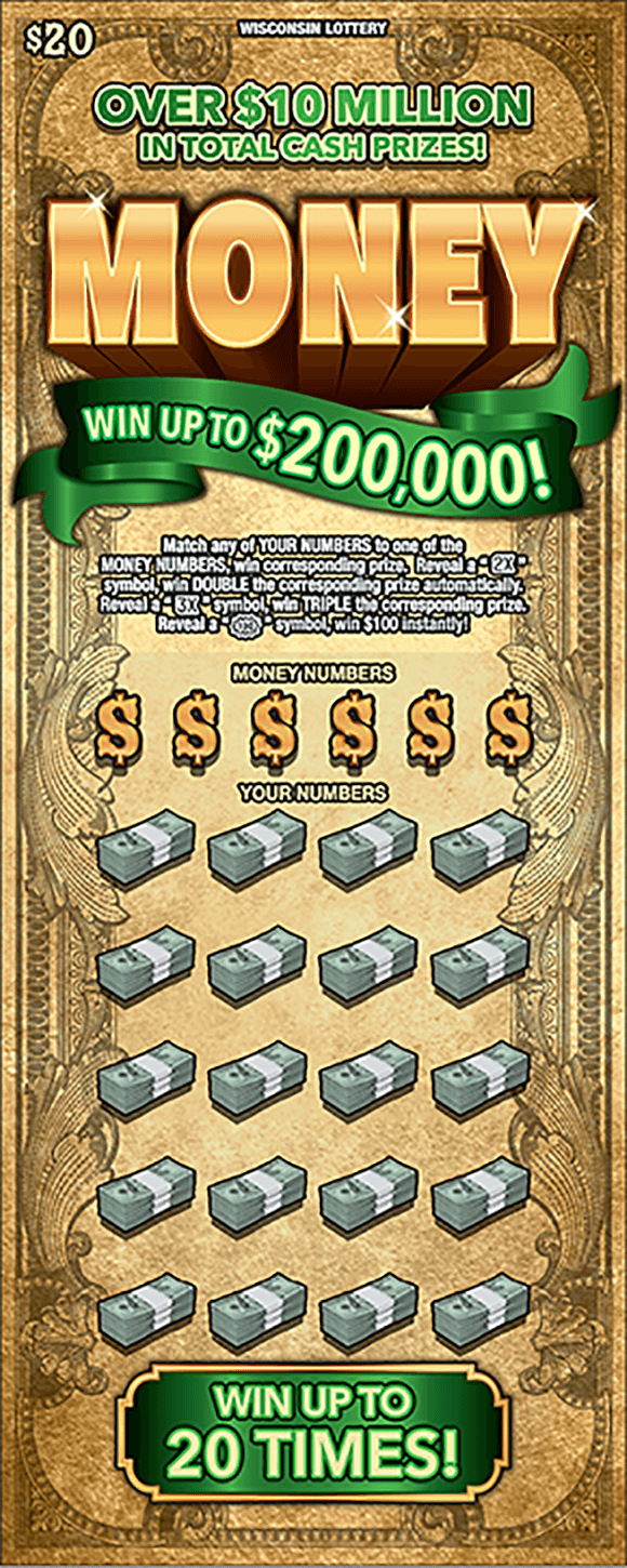 image of scratch ticket with a dollar bill pattern as the background and the word money in large gold shiny letters at the top and the winning numbers are covered with dollar bill symbols and the play area is covered with stacks of dollar bills on scratch ticket from wisconsin lottery