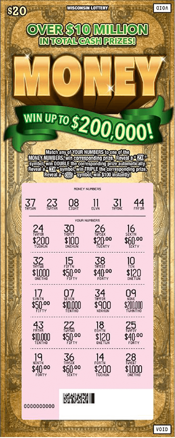 image of scratch ticket with a dollar bill pattern as the background and the word money in large gold shiny letters at the top and the play area is scratched revealing the winning numbers on scratch ticket from wisconsin lottery