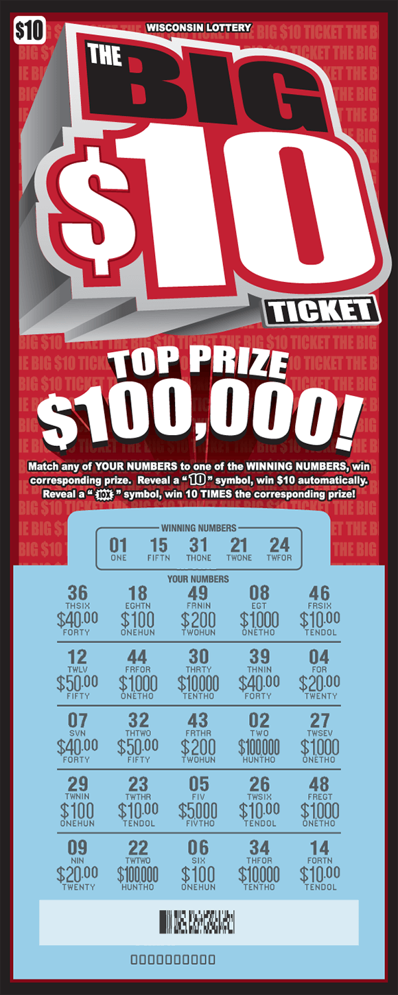 ticket background consists of a red background and repeating words written in white that say the big $10 ticket with the words big 10 largely printed over that in black red and white 3d letters on scratch ticket from wisconsin lottery