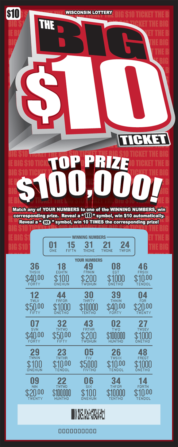 The Big $10 Ticket Scratch Game ticket background consists of a red background and repeating words written in white that say the big $10 ticket with the words big 10 largely printed over that in black red and white 3d letters on scratch ticket from wisconsin lottery