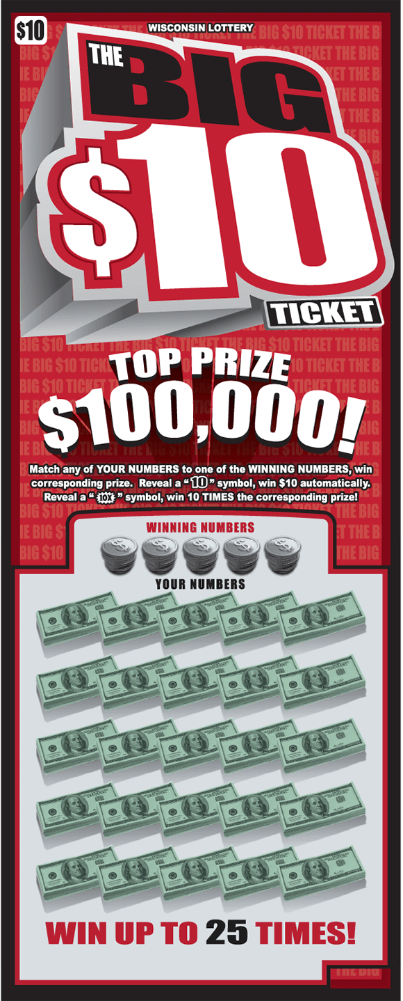 The Big $10 Ticket Scratch Game ticket background consists of a red background and repeating words written in white that say the big $10 ticket with the words big 10 largely printed over that in black red and white 3d letters on scratch ticket from wisconsin lottery
