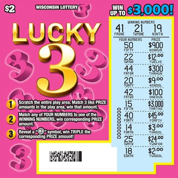 pink background with large 3D number 3's floating around with the large words lucky 3 across the ticket  and the play area is scratched revealing the winning numbers on scratch ticket from wisconsin lottery 