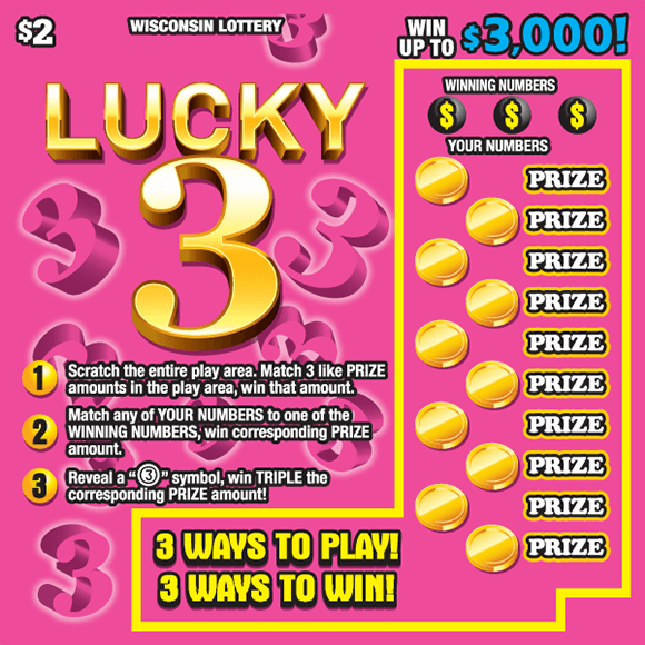 pink background with large 3D number 3's floating around with the large words lucky 3 across the ticket  and the play area is covered with gold coins on scratch ticket from wisconsin lottery 