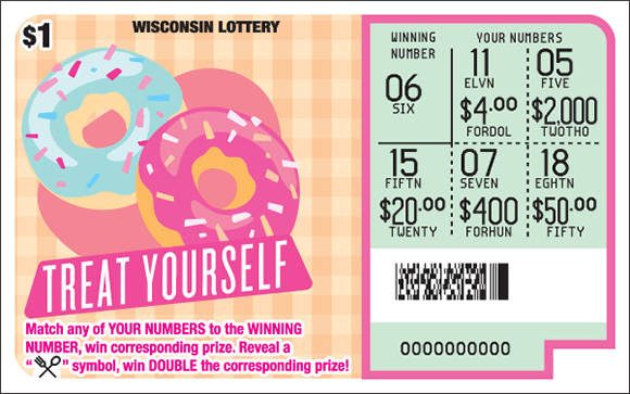 light peach colored checkered background with an image of two bright blue and pink donuts with sprinkles on top of the donuts and the play area is scratched revealing the winning numbers on scratch ticket from wisconsin lottery 