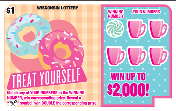 light peach colored checkered background with an image of two bright blue and pink donuts with sprinkles on top of the donuts and the winning numbers are covered with bright pink coffee cups and a bright blue background on scratch ticket from wisconsin lottery 