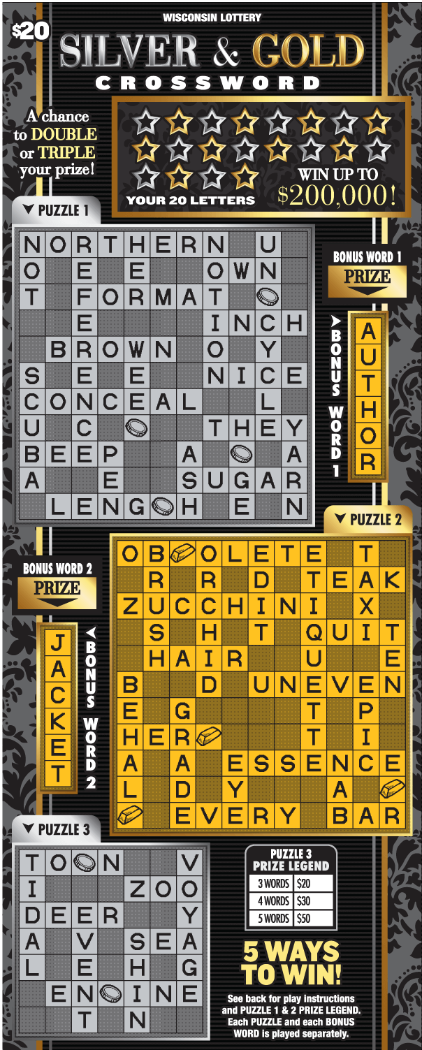 black background and three grids with the top and bottom ones printed in gray and the middle in gold. the winning letters are covered with silver and gold stars on scratch ticket from wisconsin lottery