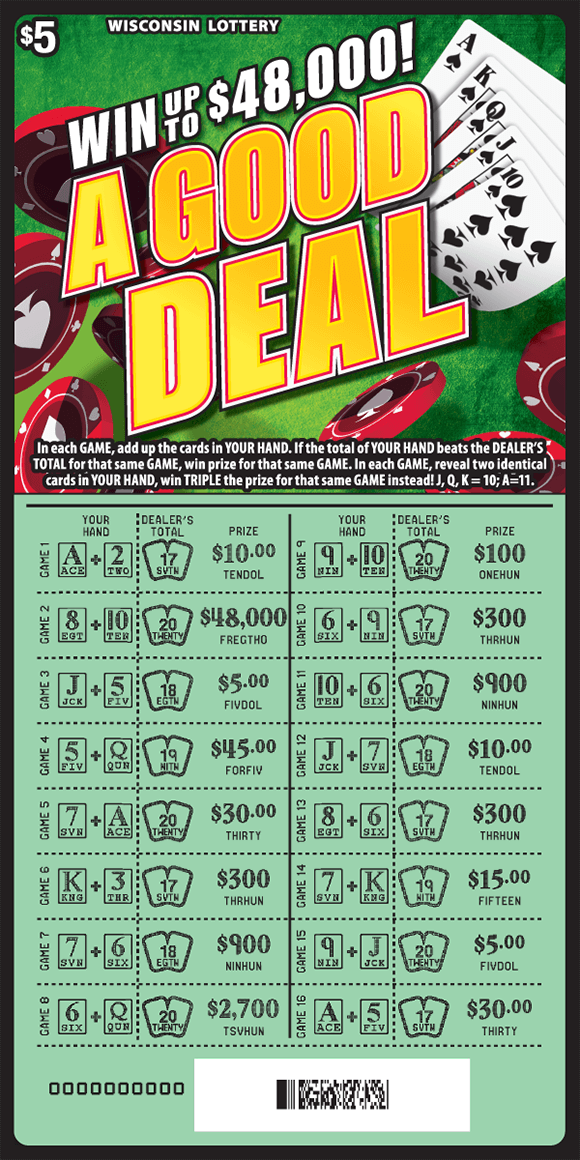 A Good Deal Scratch Game scratch ticket with a deck of cards poker chips and a green background. down below there is green background that is scratched and is now revealing the winning numbers on scratch ticket from wisconsin lottery