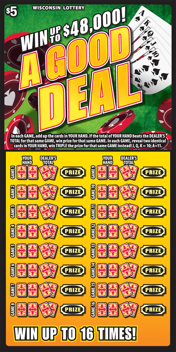 scratch ticket with a deck of cards poker chips and a green background. down below there is a yellow background with two cards playing cards covering the winning numbers on scratch ticket from wisconsin lottery
