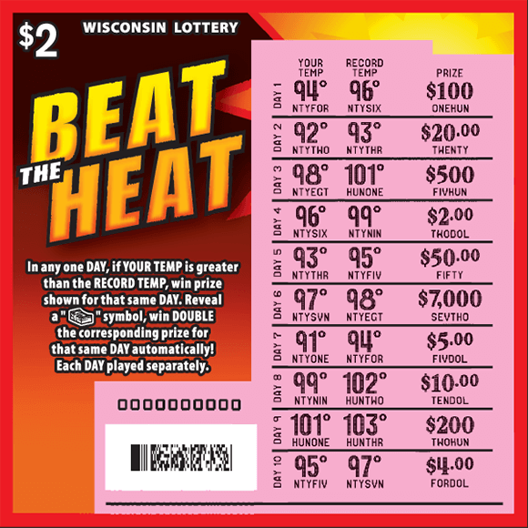 orange red and black background with a bright yellow sun in the top right corner. the play area is scratched revealing the winning numbers on scratch ticket from wisconsin lottery