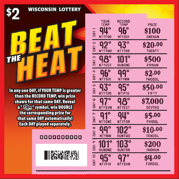 Beat the Heat Scratch Game orange red and black background with a bright yellow sun in the top right corner. the play area is scratched revealing the winning numbers on scratch ticket from wisconsin lottery