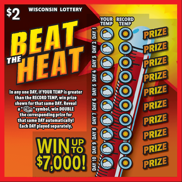 Beat the Heat Scratch Game orange red and black background with a bright yellow sun in the top right corner. the play area is covered with an image of a partly sunny sky and a full sunny sky on scratch ticket from wisconsin lottery