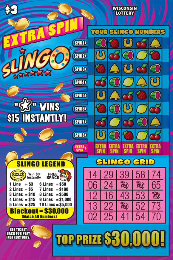 pink blue and purple background with a graph of fruits bells and horseshoes on the slingo chart and down below is a pink chart showing your slingo grid as well as the key as to how to play the game on scratch ticket from wisconsin lottery