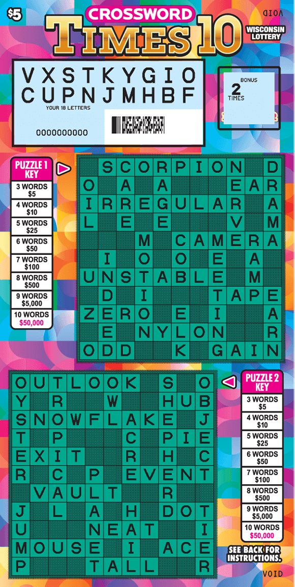 Crossword Times Ten Scratch Game two green crossword grids with a pink, orange, blue, purple background in shapes of bubbles on scratch ticket from wisconsin lottery