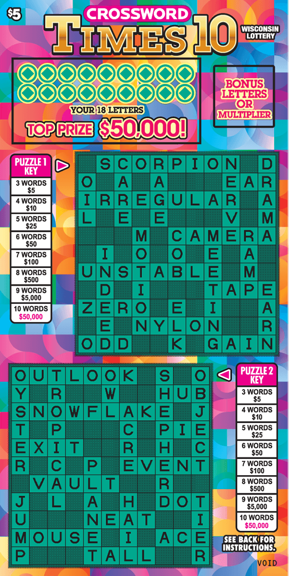 Crossword Times Ten Scratch Game two green crossword grids with a pink, orange, blue, purple background in shapes of bubbles on scratch ticket from wisconsin lottery