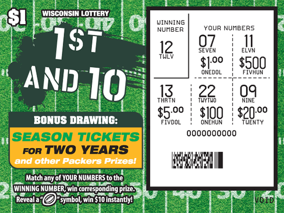 1st and 10 Scratch Game background of ticket is a football field with yard lines and the play area is scratched revealing the winning numbers on scratch ticket from wisconsin lottery