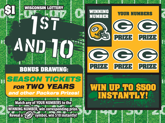 1st and 10 Scratch Game background of ticket is a football field with yard lines and the play area is a gold background with the green bay packers logo covering the winning numbers on scratch ticket from wisconsin lottery