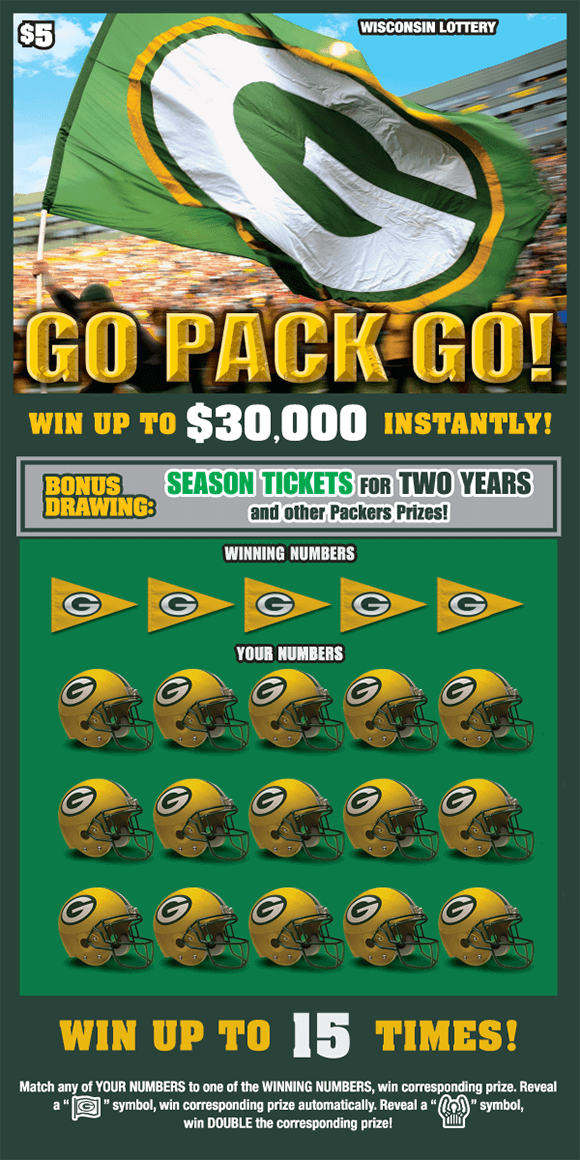 Go Pack Go Scratch Game background is green with packers helmets covering the winning numbers with a large image of a packers flag blowing in the wind in the stands with fans in the background on scratch ticket from wisconsin lottery