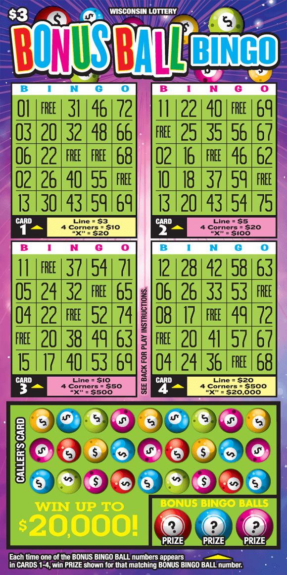 Bonus Ball Bingo Scratch Game there are four square grids in a lime green color and a rectangle grid below covered with lime green and neon pool balls. the background of the ticket has flashing lines with sparkles and pool balls with dollar signs on them on scratch ticket from wisconsin lottery