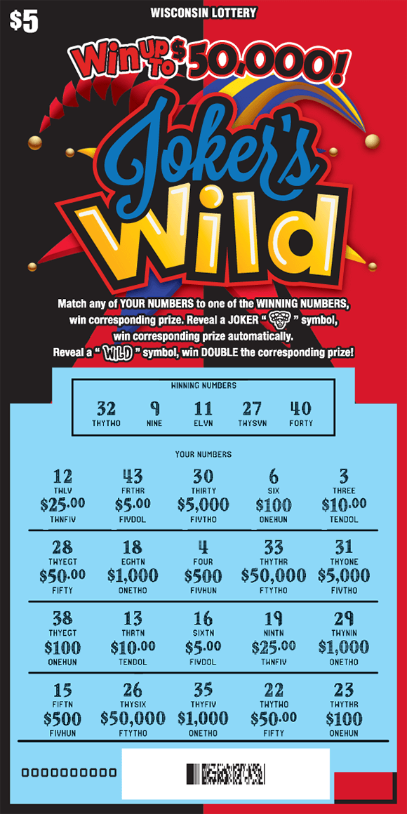 Joker's Wild Scratch Game black and red background with a black and red diamond in the middle of the ticket and the scratch area has been scratched revealing the winning numbers on a blue background on scratch ticket from wisconsin lottery