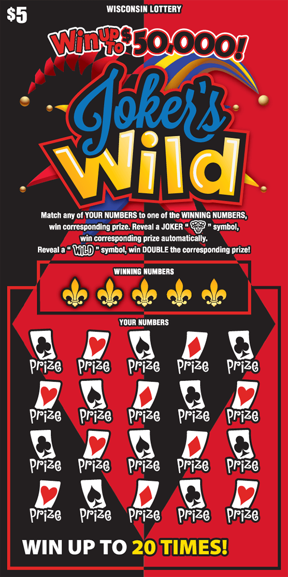 Joker's Wild Scratch Game black and red background with a black and red diamond in the middle of the ticket and the scratch area has cards over the winning numbers with hearts clubs diamonds and spades on scratch ticket from wisconsin lottery