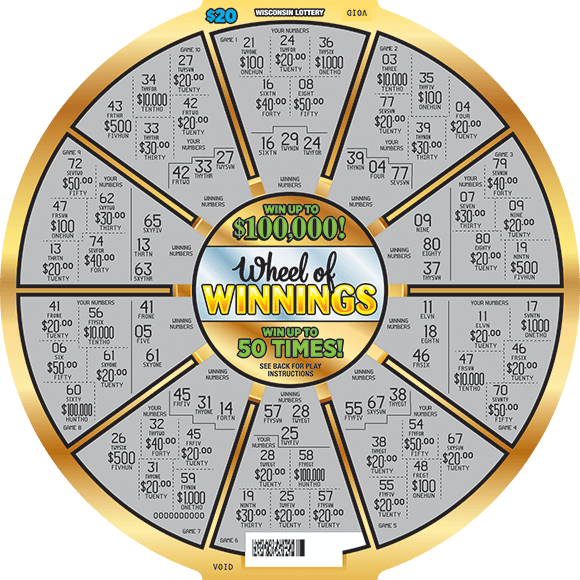Wheel of Winnings Scratch Game circle wheel with a gold outline and the play area scratched revealing a gray background with all of the winning numbers on scratch ticket from wisconsin lottery