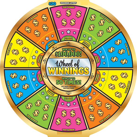 circle wheel with bright color sections in pink green blue yellow and orange with a gold outline and dollar sign symbols over the winning numbers on scratch ticket form wisconsin lottery