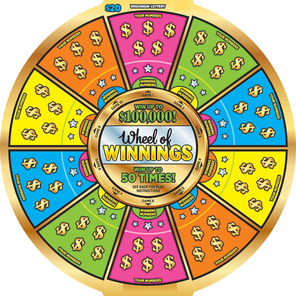 Wheel of Winnings Scratch Game circle wheel with bright color sections in pink green blue yellow and orange with a gold outline and dollar sign symbols over the winning numbers on scratch ticket form wisconsin lottery