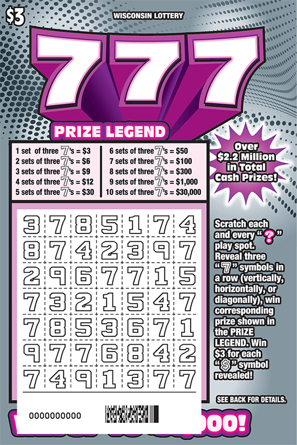 silver background with 3 large number sevens at the top of the ticket outlined in pink with silver indendented circles on the background of the ticket. the play area is  scratched revealing the winning numbers on scratch ticket from Wisconsin Lottery 