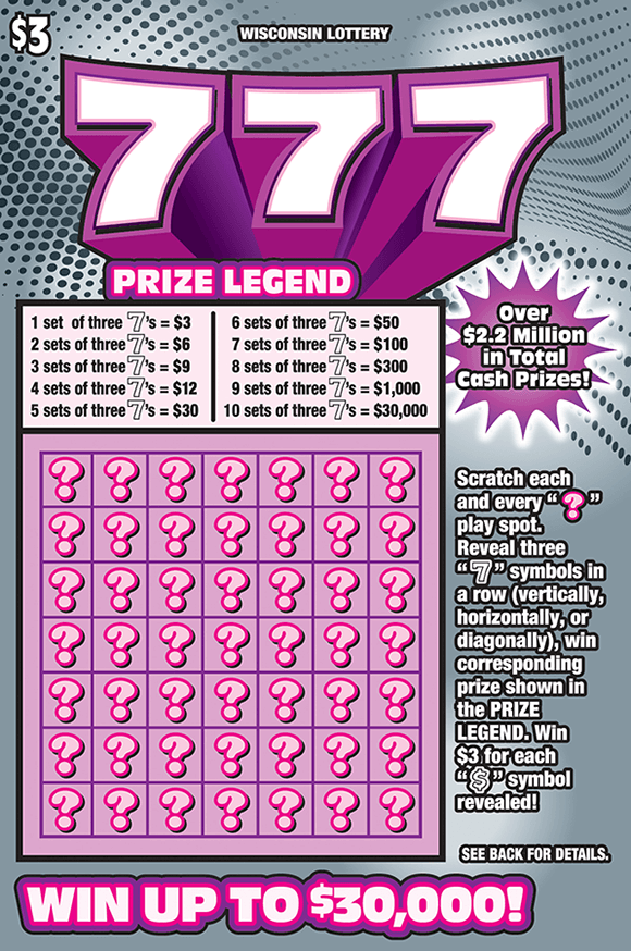 silver background with 3 large number sevens at the top of the ticket outlined in pink with silver indendented circles on the background of the ticket. the play area is pink with question marks over the winning numbers on scratch ticket from Wisconsin Lottery 