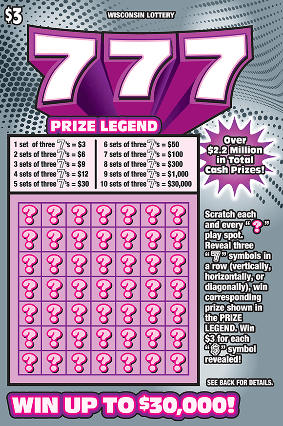 777 Scratch Game silver background with 3 large number sevens at the top of the ticket outlined in pink with silver indendented circles on the background of the ticket. the play area is pink with question marks over the winning numbers on scratch ticket from Wisconsin Lottery