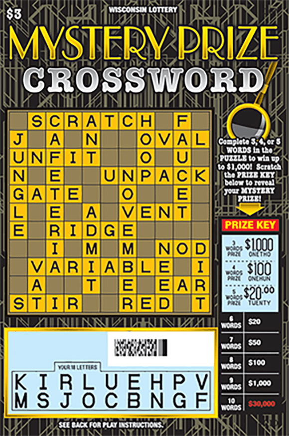 black background with gold lines and a crossword with yellow and black letter boxes in the crossword and the play area is scratched revealing the winning letters on scratch ticket from wisconsin lottery