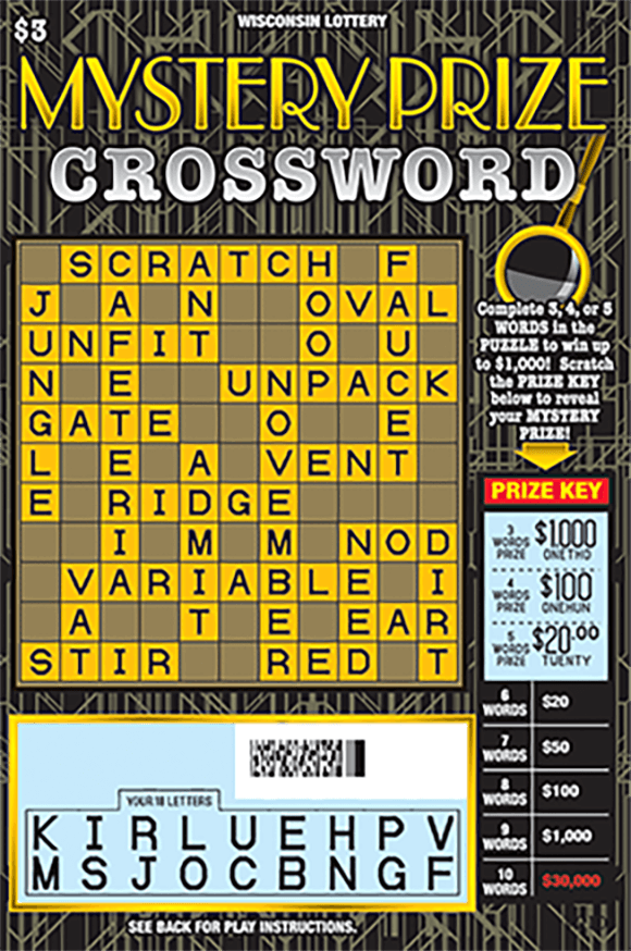 Mystery Prize Crossword black background with gold lines and a crossword with yellow and black letter boxes in the crossword and the play area is scratched revealing the winning letters on scratch ticket from wisconsin lottery