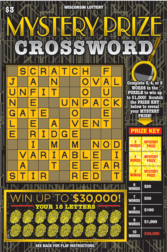 Mystery Prize Crossword black background with gold lines and a crossword with yellow and black letter boxes in the crossword and the winning letters are covered with gold fingerprints on scratch ticket from wisconsin lottery