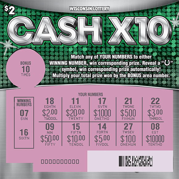 background of ticket is silver with green sparkly polka dots in the middle of the ticket. the play area is scratched to reveal the winning numbers and a pink background on scratch ticket from wisconsin lottery