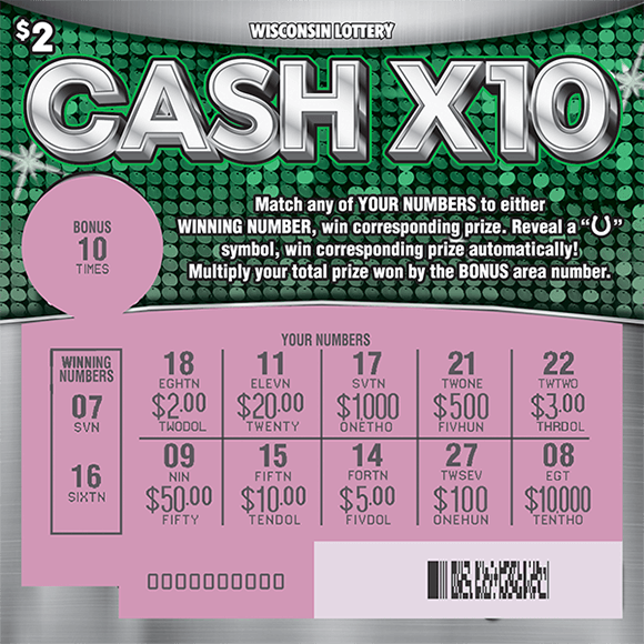 Cash X10 Scratch Game background of ticket is silver with green sparkly polka dots in the middle of the ticket. the play area is scratched to reveal the winning numbers and a pink background on scratch ticket from wisconsin lottery