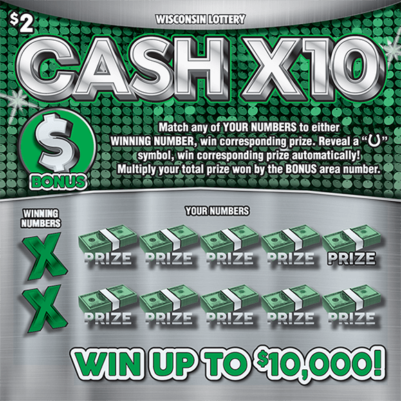 Cash X10 Scratch Game background of ticket is silver with green sparkly polka dots in the middle of the ticket. the play area is covered by green money bundles that are strapped with a white strap on scratch ticket from wisconsin lottery