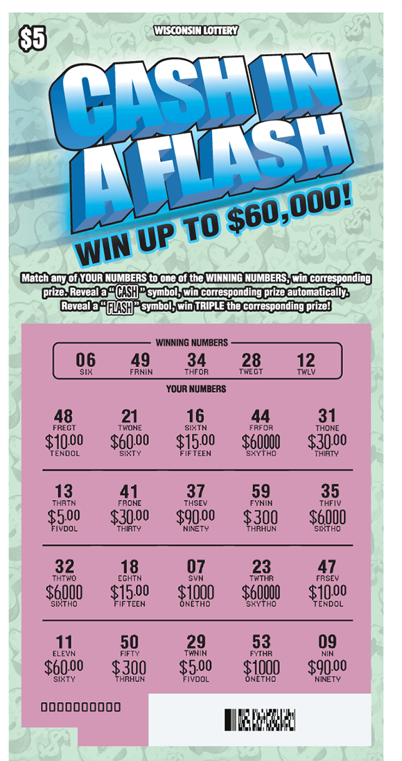 background has seethrough dollar sign symbols and has a light green and the play area is scratched revealing the winning numbers with a pink background on scratch ticket from wisconsin lottery