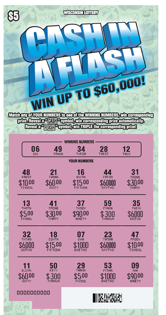 Cash in a Flash Scratch Game background has seethrough dollar sign symbols and has a light green and the play area is scratched revealing the winning numbers with a pink background on scratch ticket from wisconsin lottery