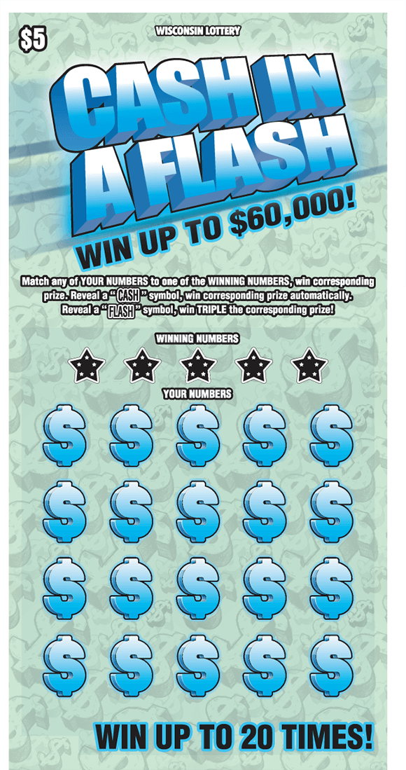 Cash in a Flash Scratch Game background has seethrough dollar sign symbols and has a light green and the play area is covered with blue dollar sign symbols on scratch ticket from wisconsin lottery