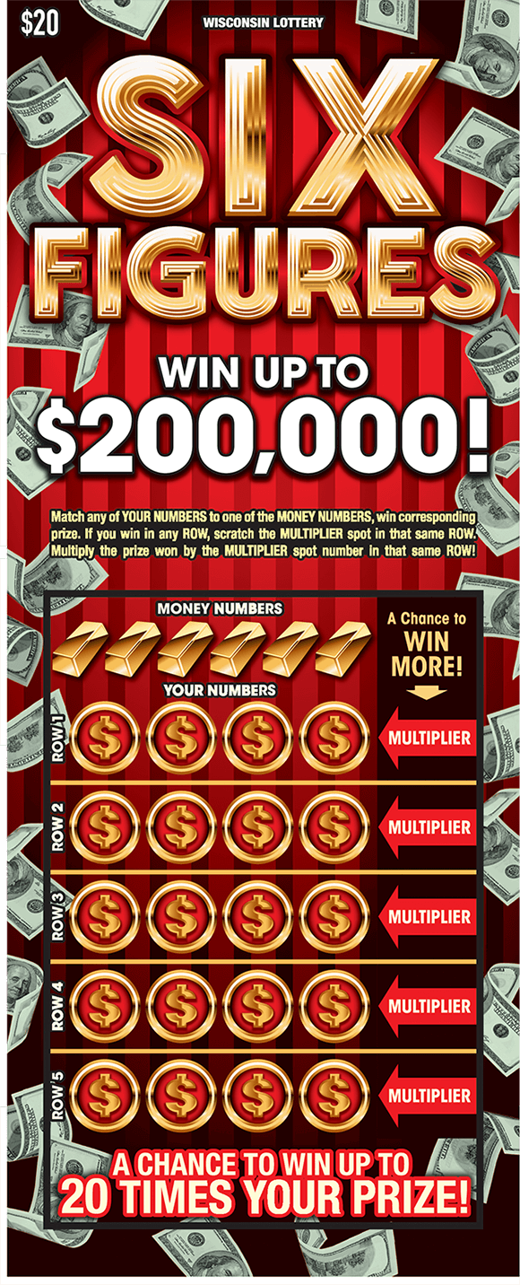deep red background with many images of floating dollar bills on the border of the ticket and the winning numbers are covered by gold outlined coins on scratch ticket from wisconsin lottery