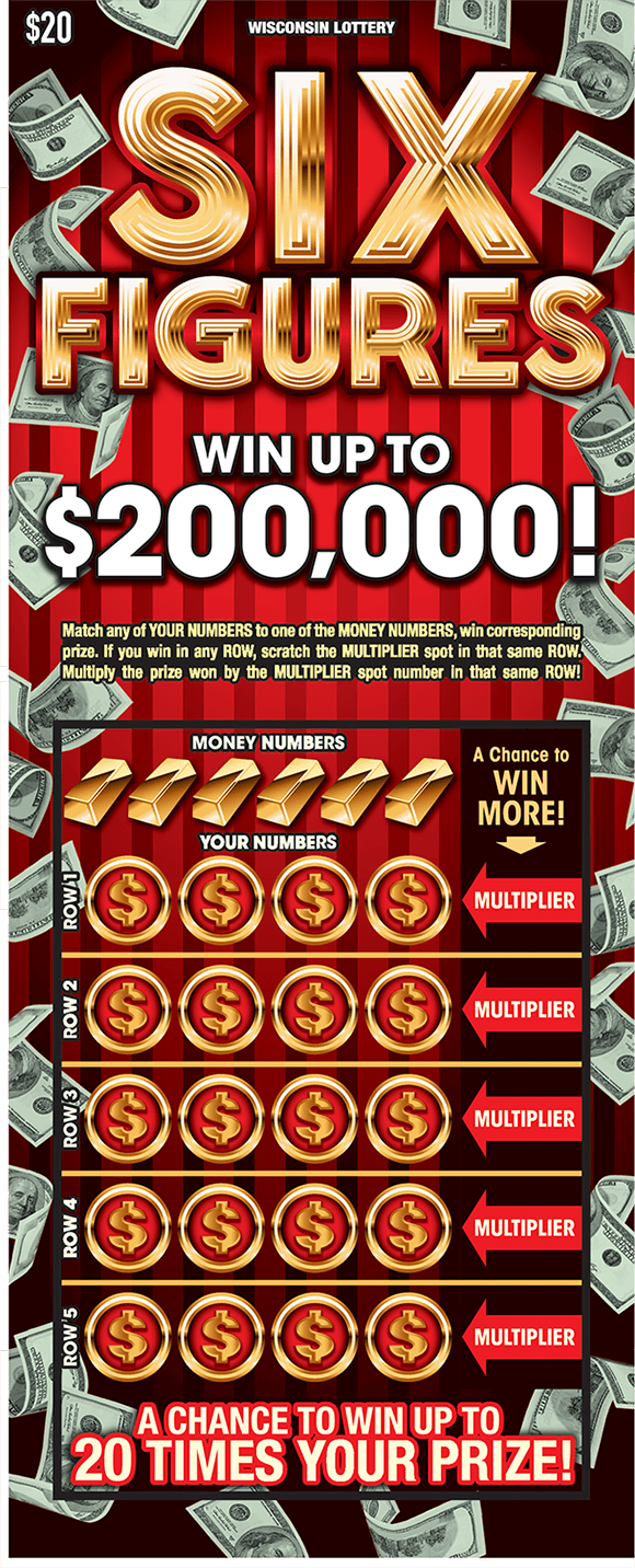 Six Figures Scratch Game deep red background with many images of floating dollar bills on the border of the ticket and the winning numbers are covered by gold outlined coins on scratch ticket from wisconsin lottery