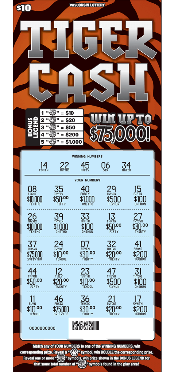 background of tiger cash ticket has orange and black tiger stripes and the play area is scratched revealing a light blue background on scratch ticket from wisconsin lottery