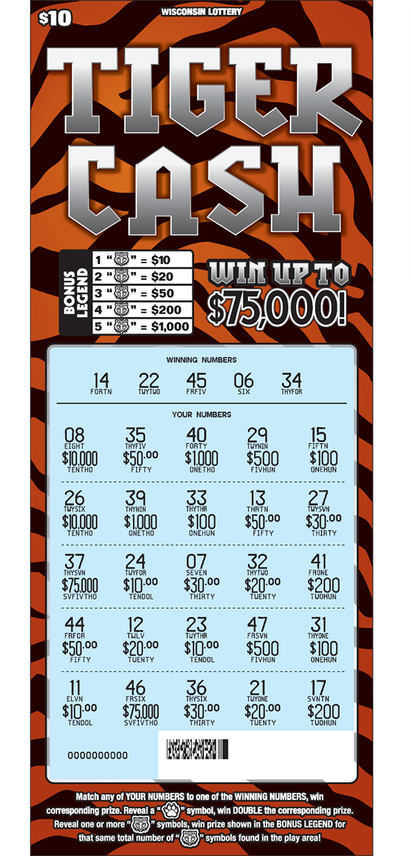 Tiger Cash Scratch Game background of tiger cash ticket has orange and black tiger stripes and the play area is scratched revealing a light blue background on scratch ticket from wisconsin lottery