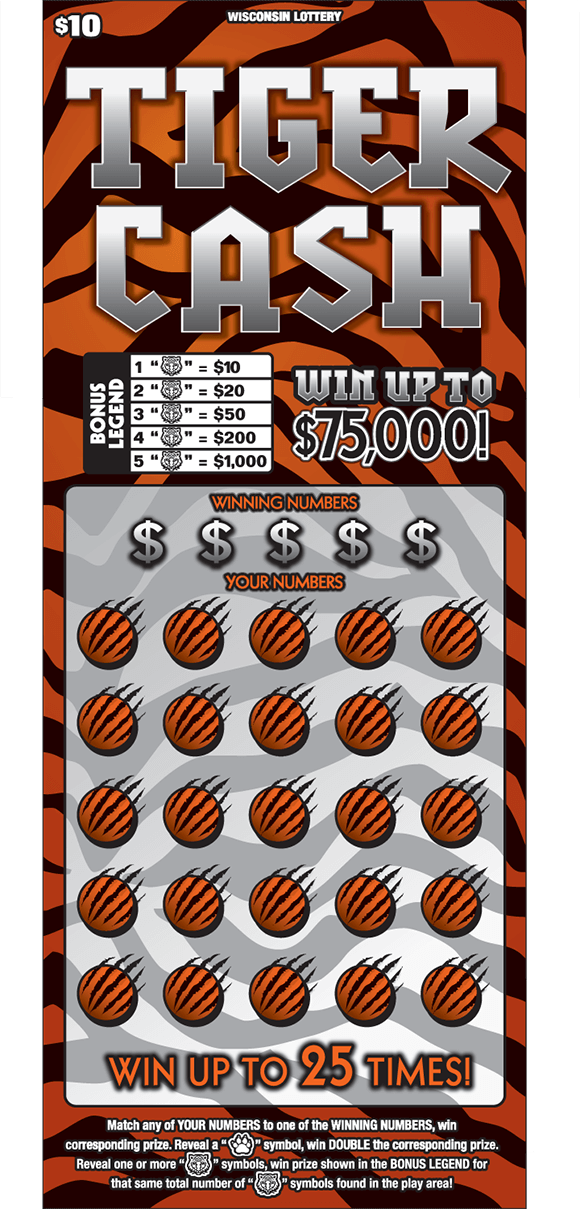 Tiger Cash Scratch Game background of tiger cash ticket has orange and black tiger stripes and the play area is covered with orange circles and black whiskers on scratch ticket from wisconsin lottery