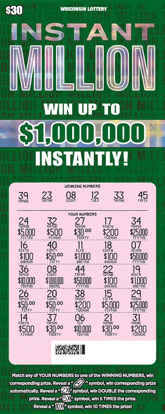 Instant Million Scratch Game background of ticket is a deep green with the word million written in small print in lines across the entire ticket with the words written in a shiny silver fx effect on scratch ticket from wisconsin lottery