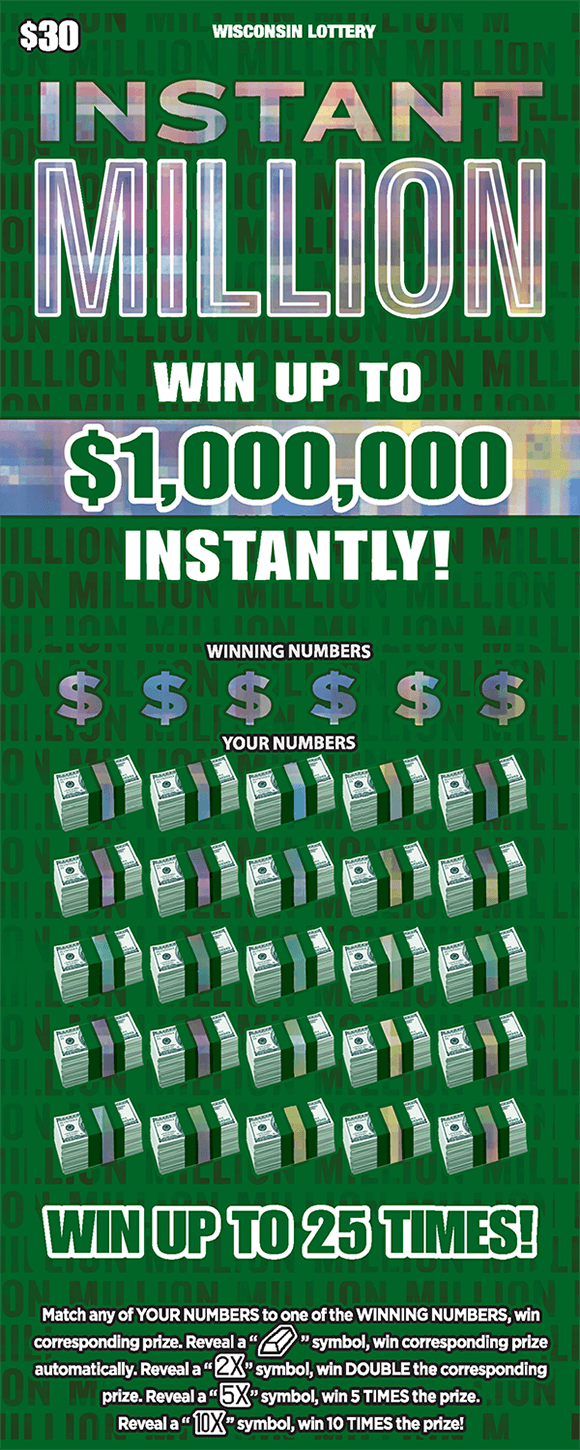 background of ticket is a deep green with the word million written in small print in lines across the entire ticket with the words written in a shiny silver fx effect on scratch ticket from wisconsin lottery