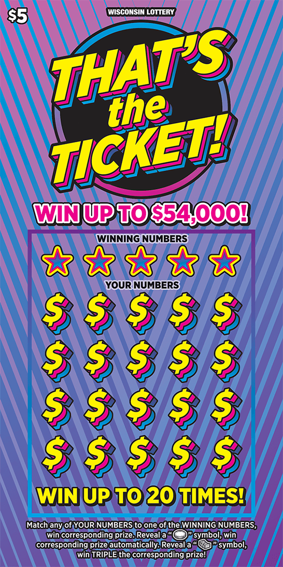 That's the Ticket Scratch Game background is an ombre purple and pink with light blue stiped lines running across the ticket the dollar sings are in 3D format with yellow pink and blue outlines on scratch ticket from wisconsin lottery