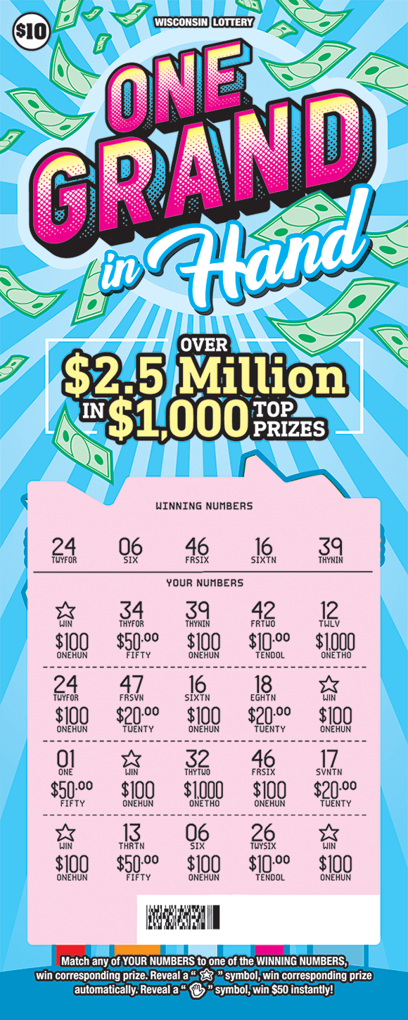 One Grand in Hand Scratch Game background of ticket is a light blue with colorful streamers covering up the winning numbers and cash floating around at the end of the tickets on scratch ticket from wisconsin lottery